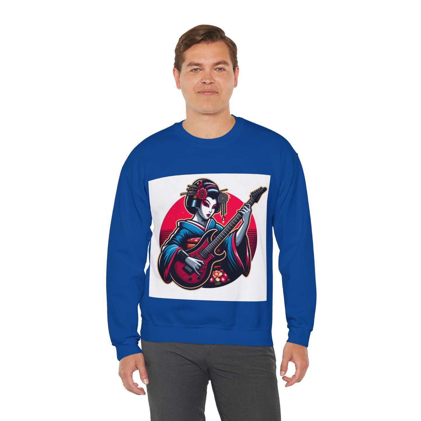Geisha Guitarist Crewneck Sweatshirt - Cozy Unisex Pullover, Music Lover Gift, Japan Inspired Fashion, Streetwear, Unique Gift Idea
