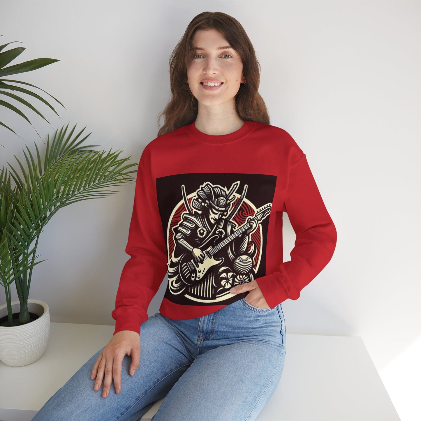 Samurai Guitarist Sweatshirt, Unisex Rock Band Hoodie, Music Lover Gift, Casual Streetwear, Graphic Sweatshirt for Concerts