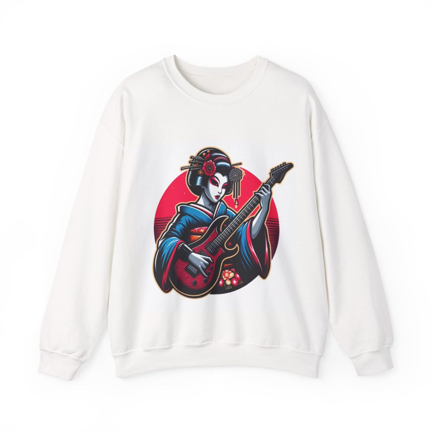 Geisha Guitarist Crewneck Sweatshirt - Cozy Unisex Pullover, Music Lover Gift, Japan Inspired Fashion, Streetwear, Unique Gift Idea