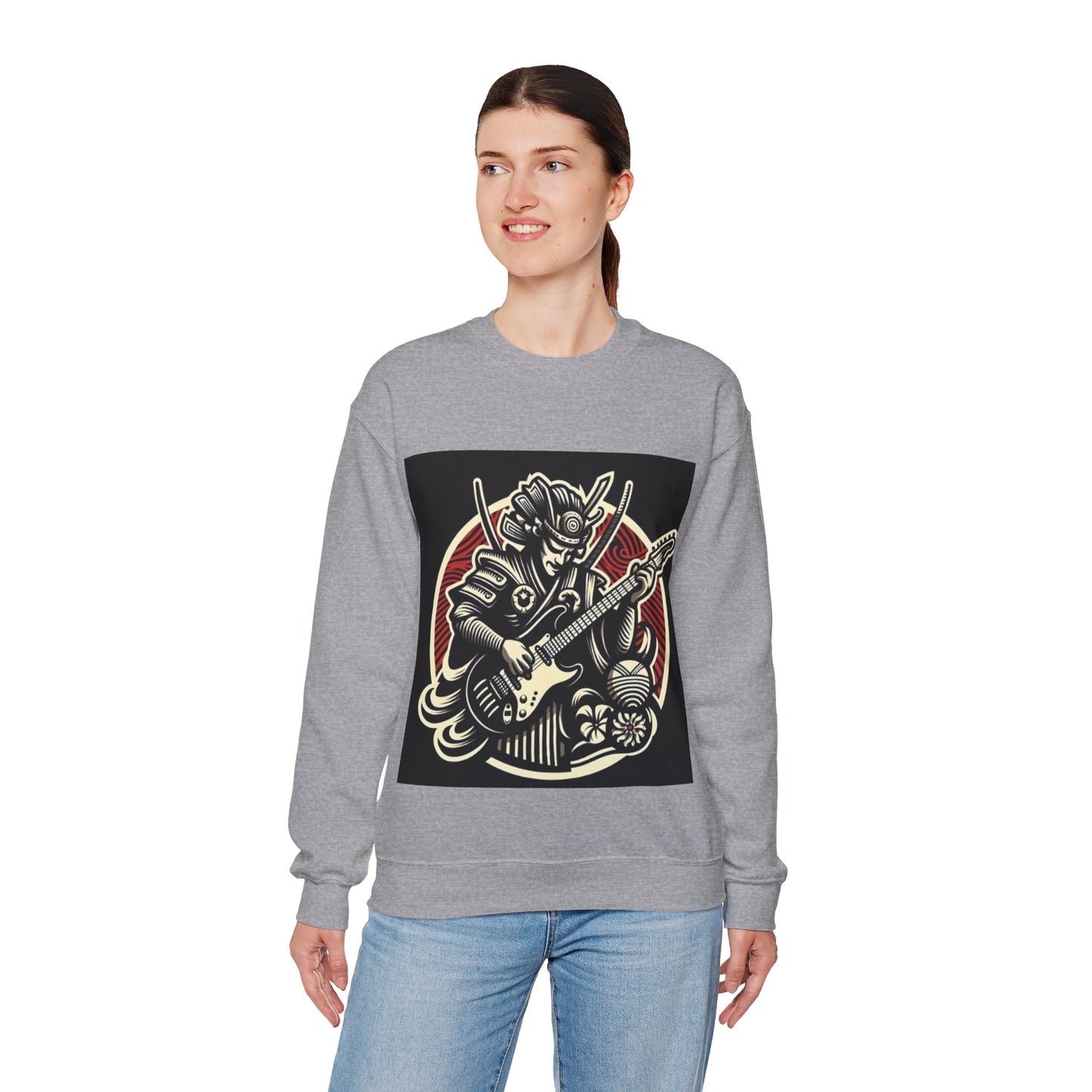 Samurai Guitarist Sweatshirt, Unisex Rock Band Hoodie, Music Lover Gift, Casual Streetwear, Graphic Sweatshirt for Concerts