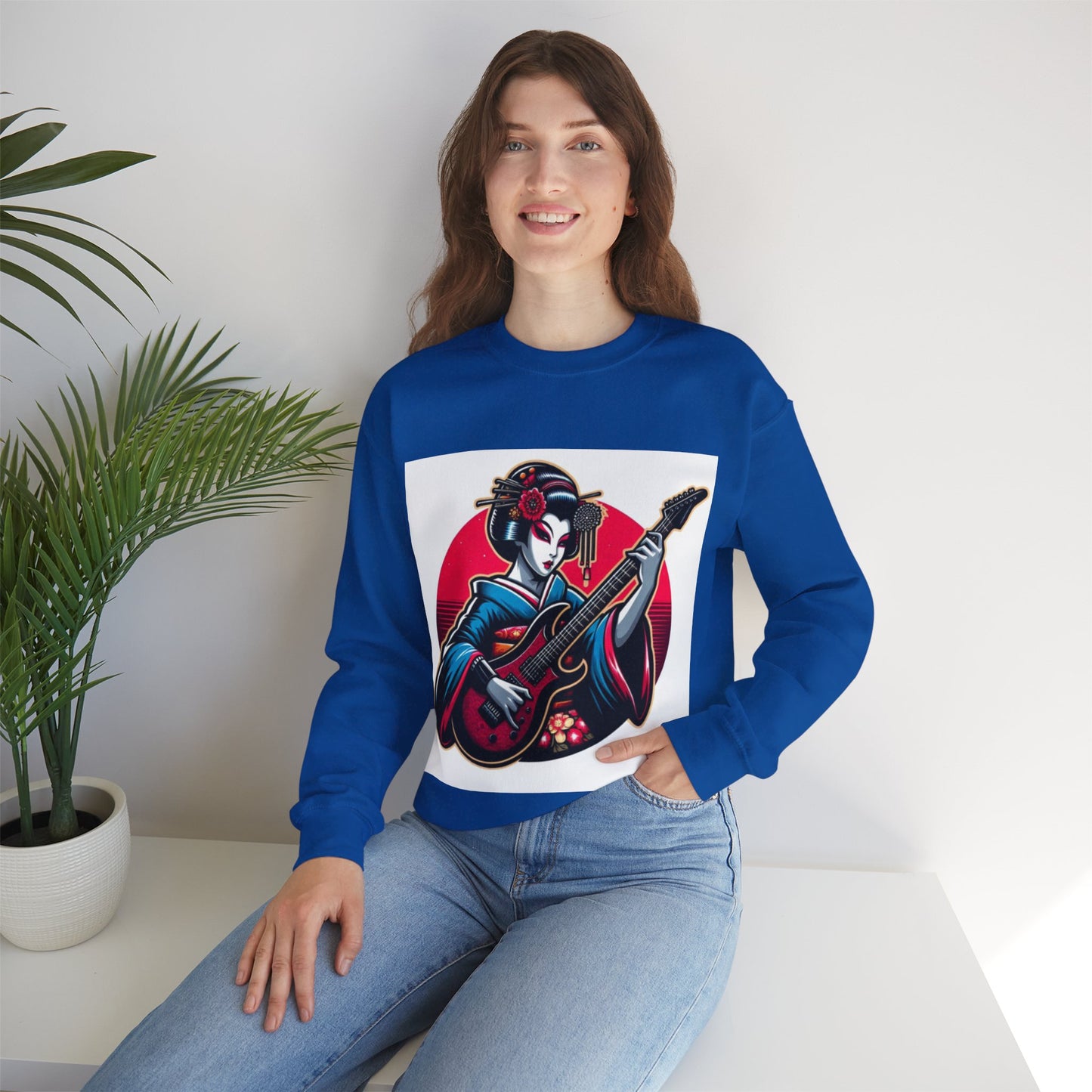 Geisha Guitarist Crewneck Sweatshirt - Cozy Unisex Pullover, Music Lover Gift, Japan Inspired Fashion, Streetwear, Unique Gift Idea