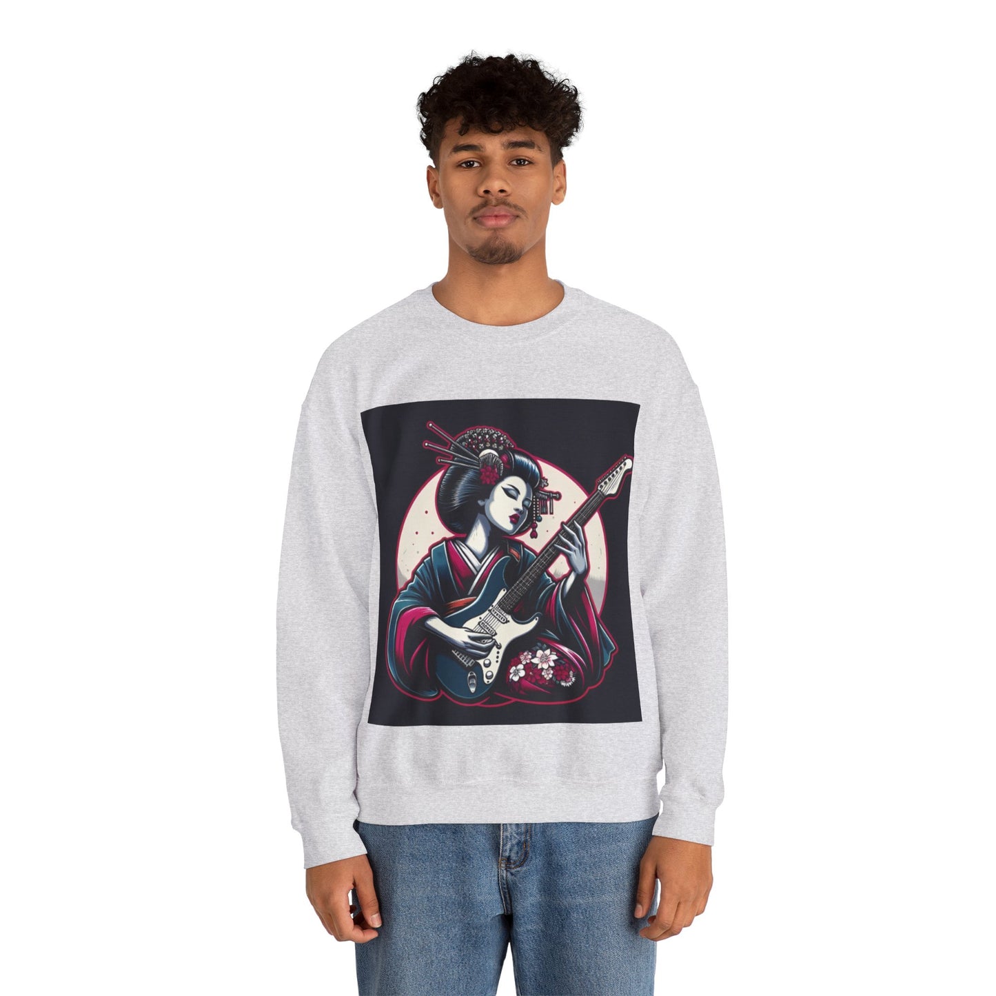 Geisha Guitar Sweatshirt, Unisex Crewneck, Cozy Gift, Music Lover Apparel, Japanese Art, Pop Culture Clothing
