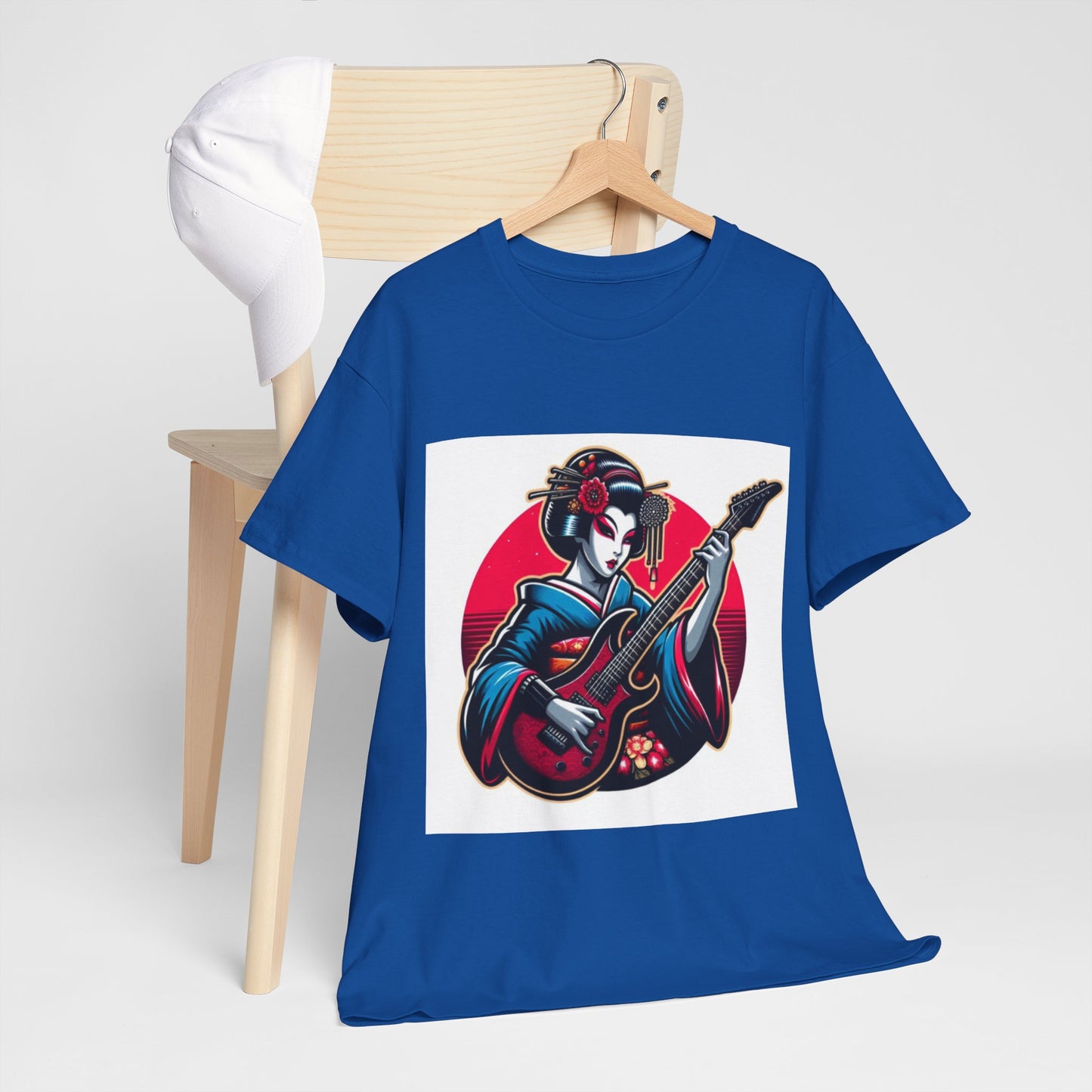 Japanese Geisha Guitarist Unisex Heavy Cotton Tee, Music Lover Gift, Rock T-Shirt, Anime Style Apparel, Casual Streetwear, Graphic Tee