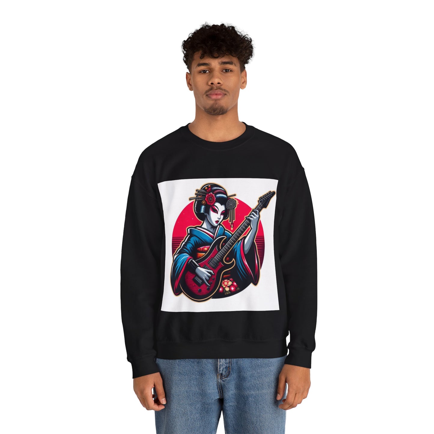 Geisha Guitarist Crewneck Sweatshirt - Cozy Unisex Pullover, Music Lover Gift, Japan Inspired Fashion, Streetwear, Unique Gift Idea