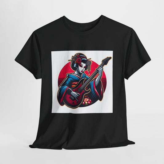 Japanese Geisha Guitarist Unisex Heavy Cotton Tee, Music Lover Gift, Rock T-Shirt, Anime Style Apparel, Casual Streetwear, Graphic Tee