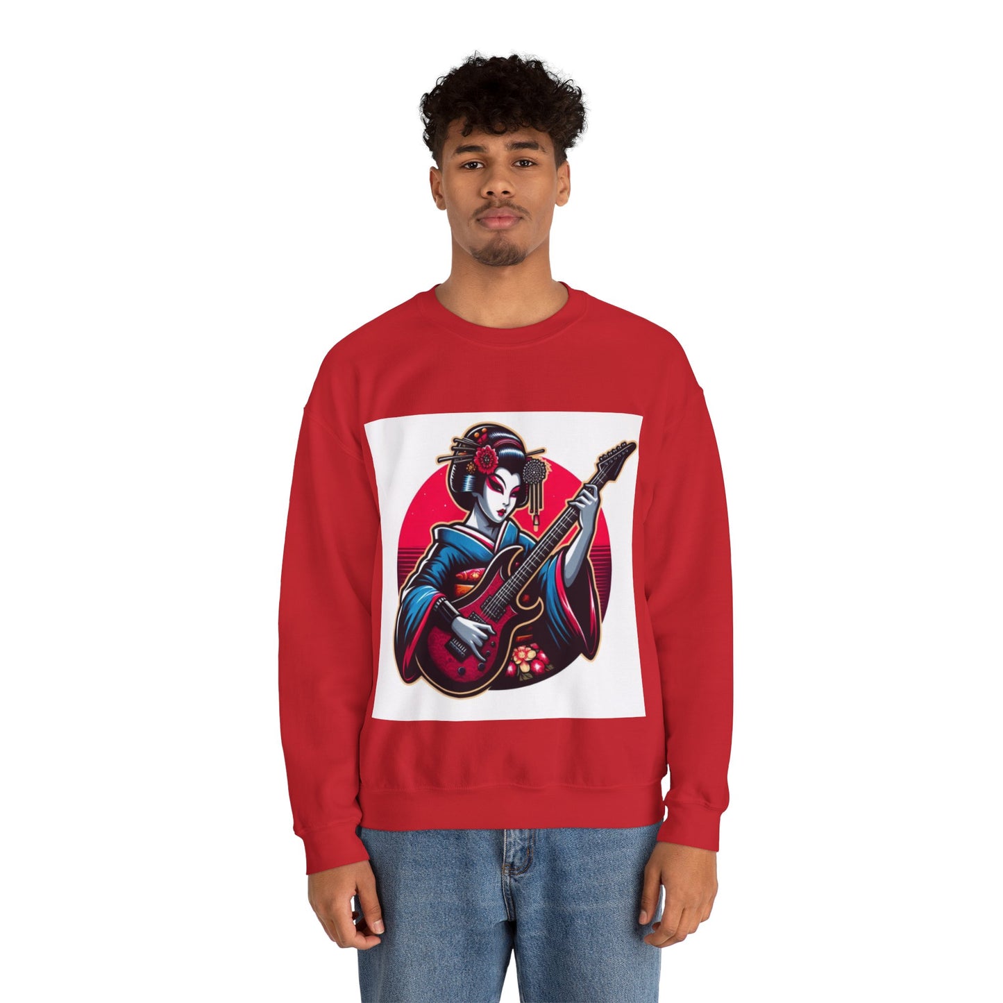 Geisha Guitarist Crewneck Sweatshirt - Cozy Unisex Pullover, Music Lover Gift, Japan Inspired Fashion, Streetwear, Unique Gift Idea