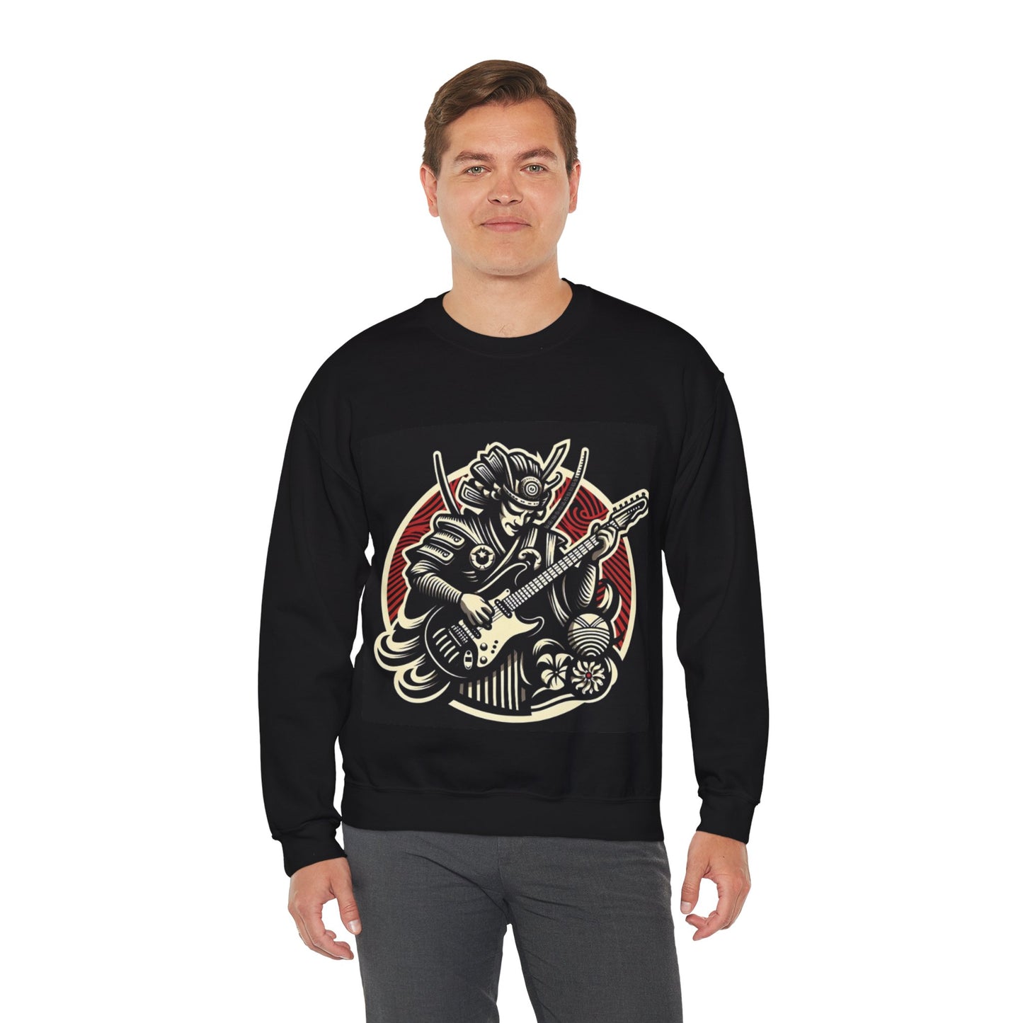 Samurai Guitarist Sweatshirt, Unisex Rock Band Hoodie, Music Lover Gift, Casual Streetwear, Graphic Sweatshirt for Concerts
