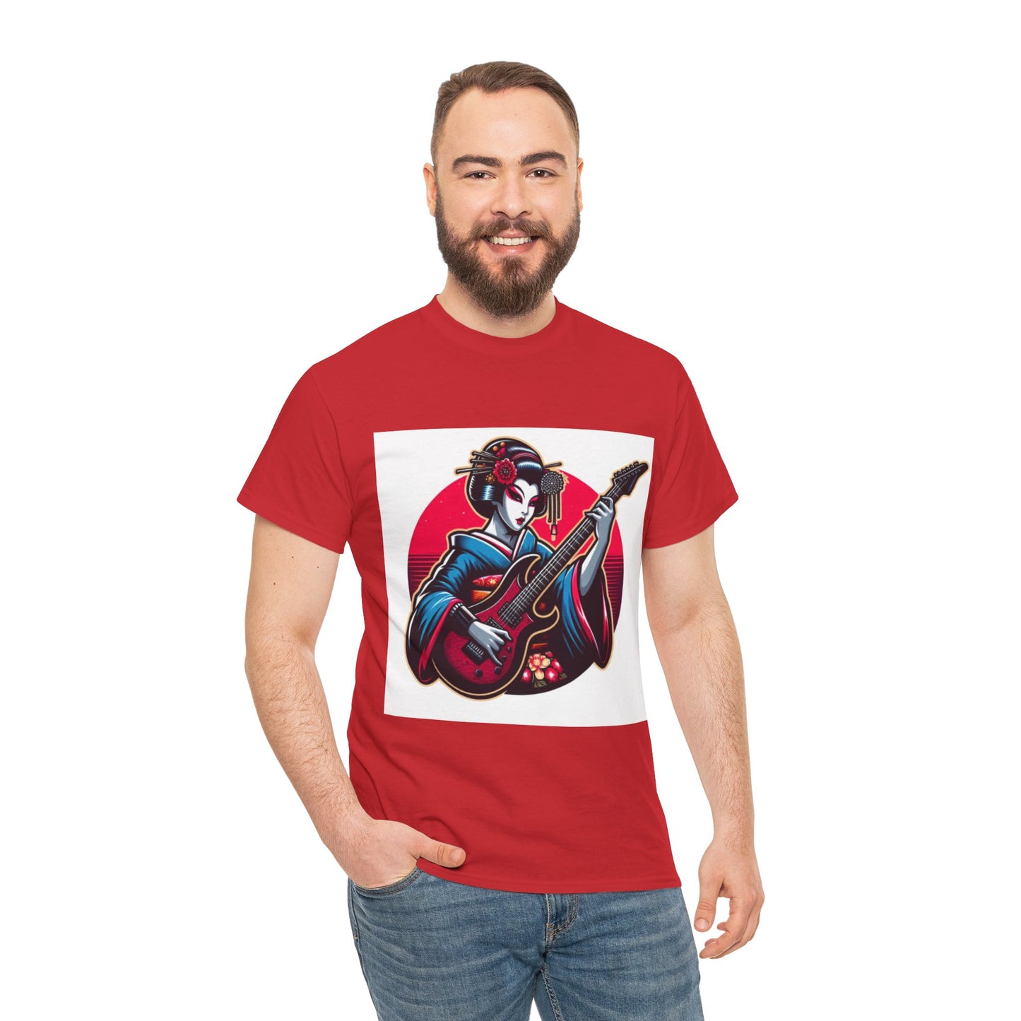 Japanese Geisha Guitarist Unisex Heavy Cotton Tee, Music Lover Gift, Rock T-Shirt, Anime Style Apparel, Casual Streetwear, Graphic Tee