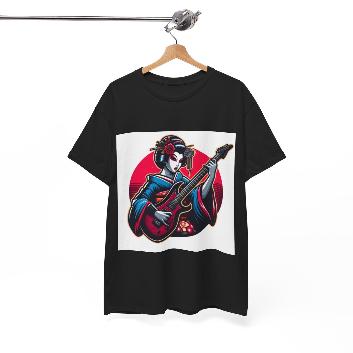 Japanese Geisha Guitarist Unisex Heavy Cotton Tee, Music Lover Gift, Rock T-Shirt, Anime Style Apparel, Casual Streetwear, Graphic Tee