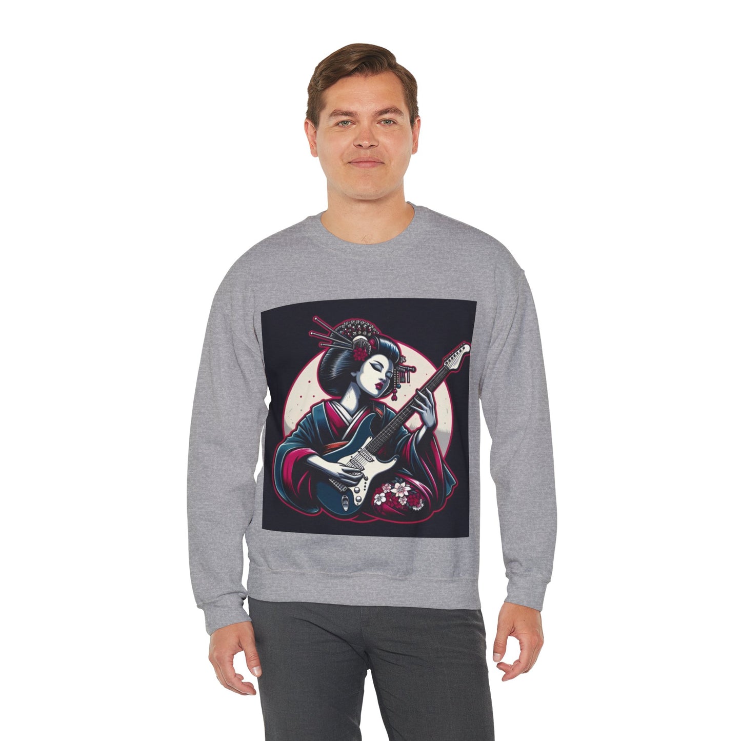 Geisha Guitar Sweatshirt, Unisex Crewneck, Cozy Gift, Music Lover Apparel, Japanese Art, Pop Culture Clothing