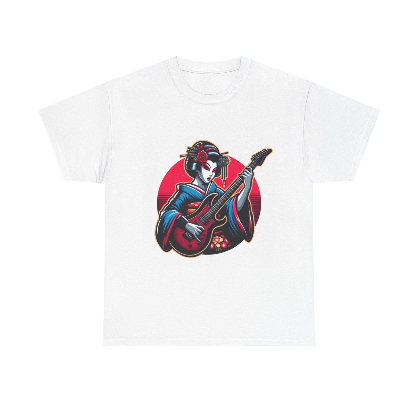 Japanese Geisha Guitarist Unisex Heavy Cotton Tee, Music Lover Gift, Rock T-Shirt, Anime Style Apparel, Casual Streetwear, Graphic Tee