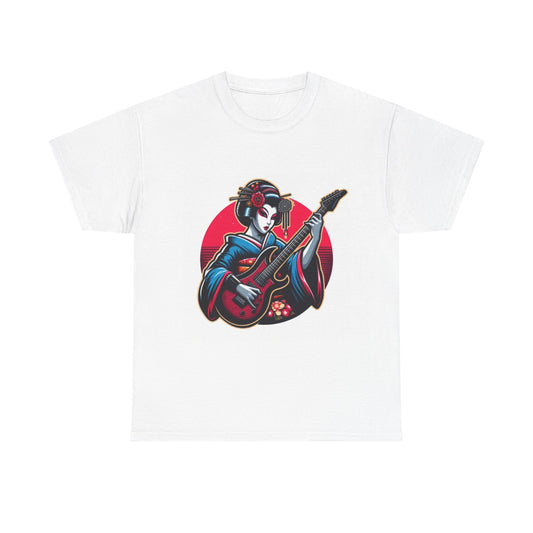 Japanese Geisha Guitarist Unisex Heavy Cotton Tee, Music Lover Gift, Rock T-Shirt, Anime Style Apparel, Casual Streetwear, Graphic Tee