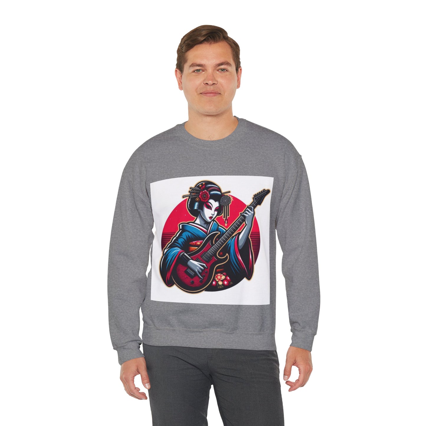 Geisha Guitarist Crewneck Sweatshirt - Cozy Unisex Pullover, Music Lover Gift, Japan Inspired Fashion, Streetwear, Unique Gift Idea