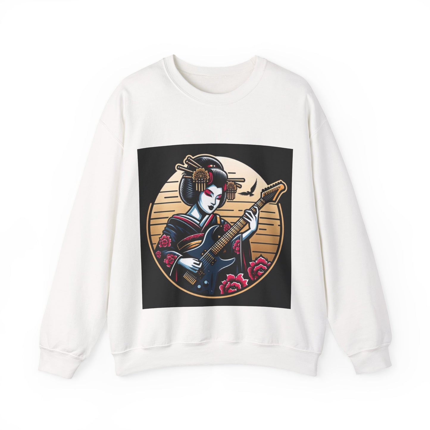 White Samurai sweatshirt with a graphic of a geisha playing a guitar on a black background