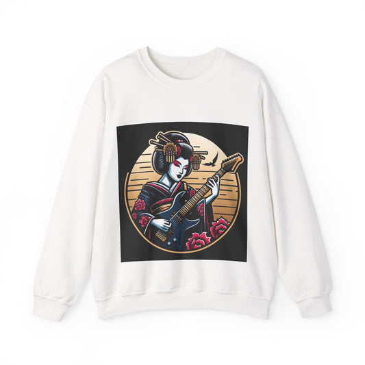 White Samurai sweatshirt with a graphic of a geisha playing a guitar on a black background