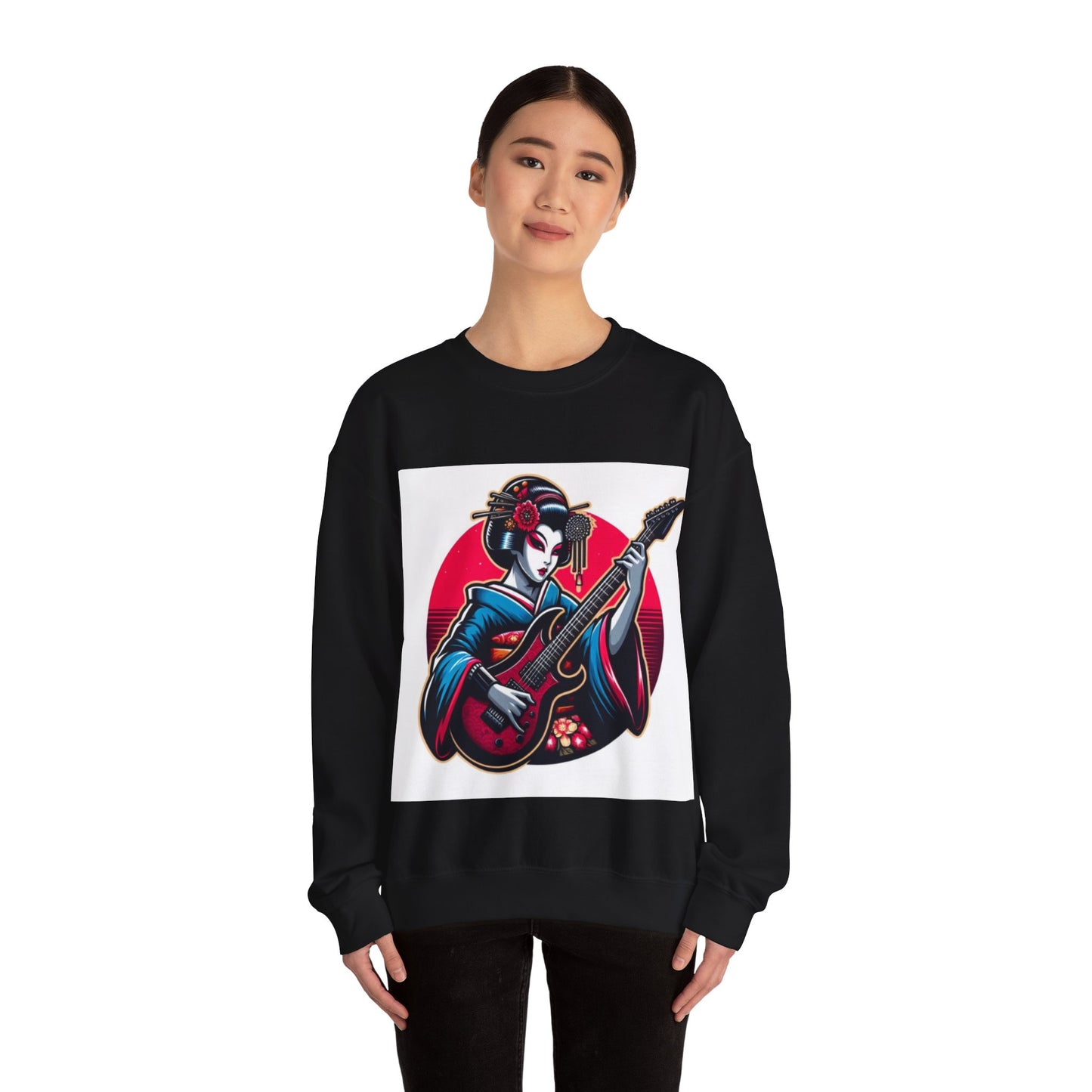 Geisha Guitarist Crewneck Sweatshirt - Cozy Unisex Pullover, Music Lover Gift, Japan Inspired Fashion, Streetwear, Unique Gift Idea