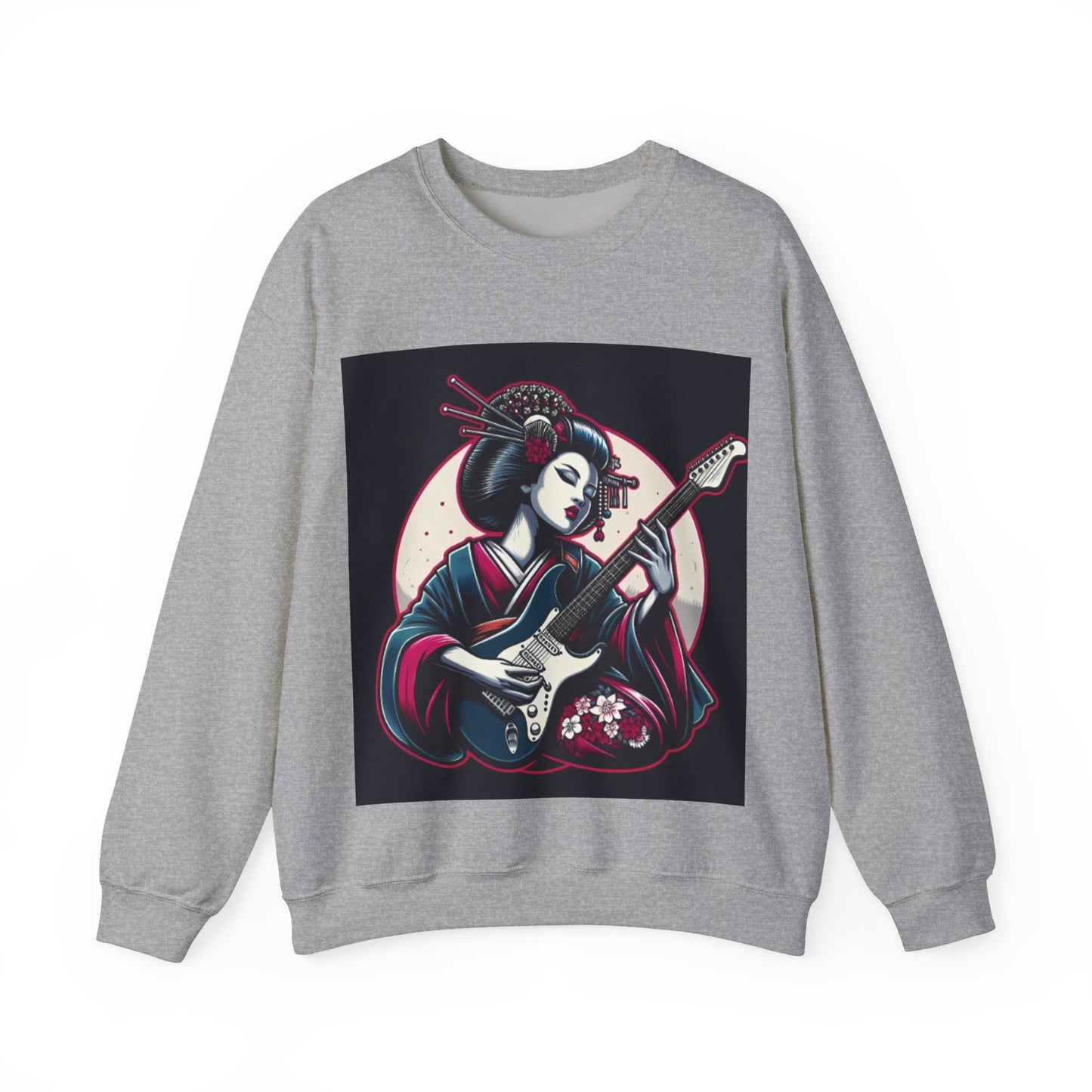 Geisha Guitar Sweatshirt, Unisex Crewneck, Cozy Gift, Music Lover Apparel, Japanese Art, Pop Culture Clothing