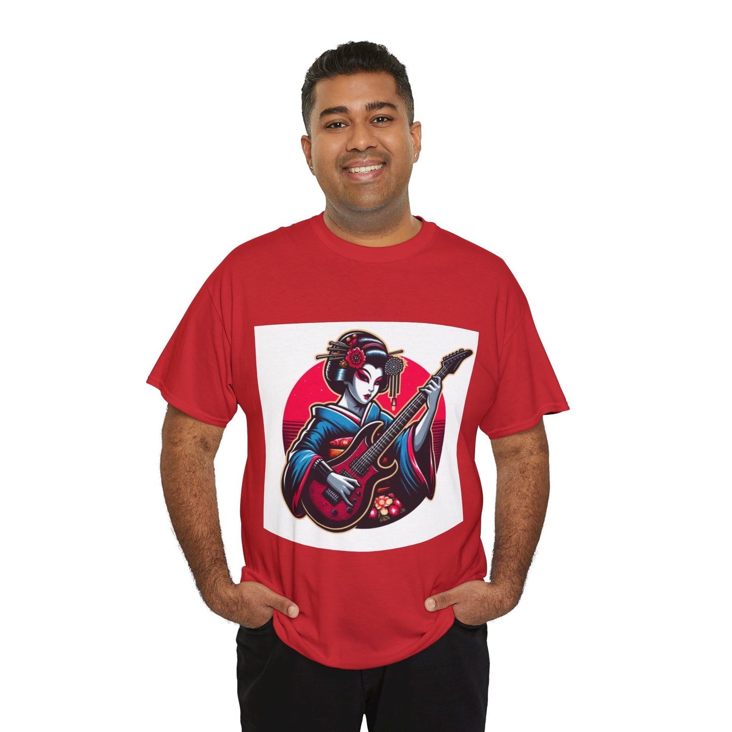 Japanese Geisha Guitarist Unisex Heavy Cotton Tee, Music Lover Gift, Rock T-Shirt, Anime Style Apparel, Casual Streetwear, Graphic Tee
