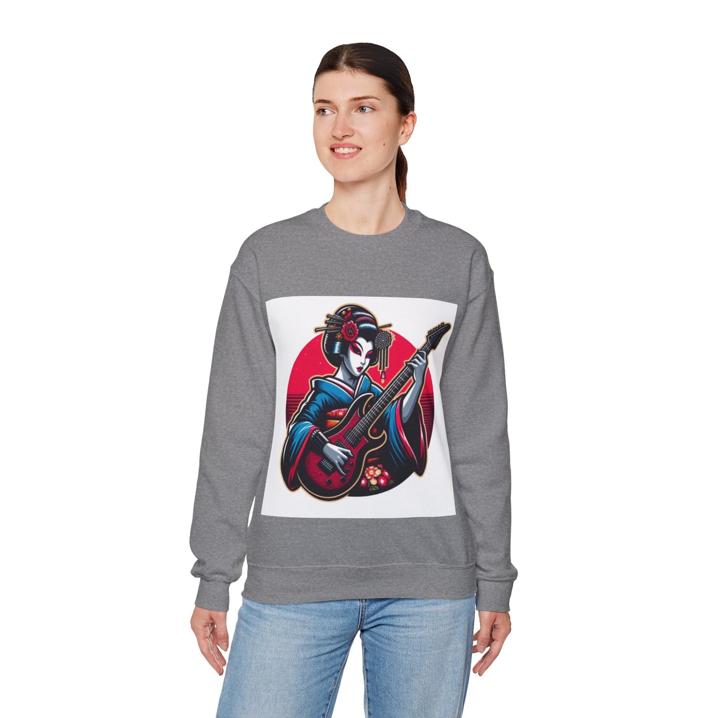 Geisha Guitarist Crewneck Sweatshirt - Cozy Unisex Pullover, Music Lover Gift, Japan Inspired Fashion, Streetwear, Unique Gift Idea