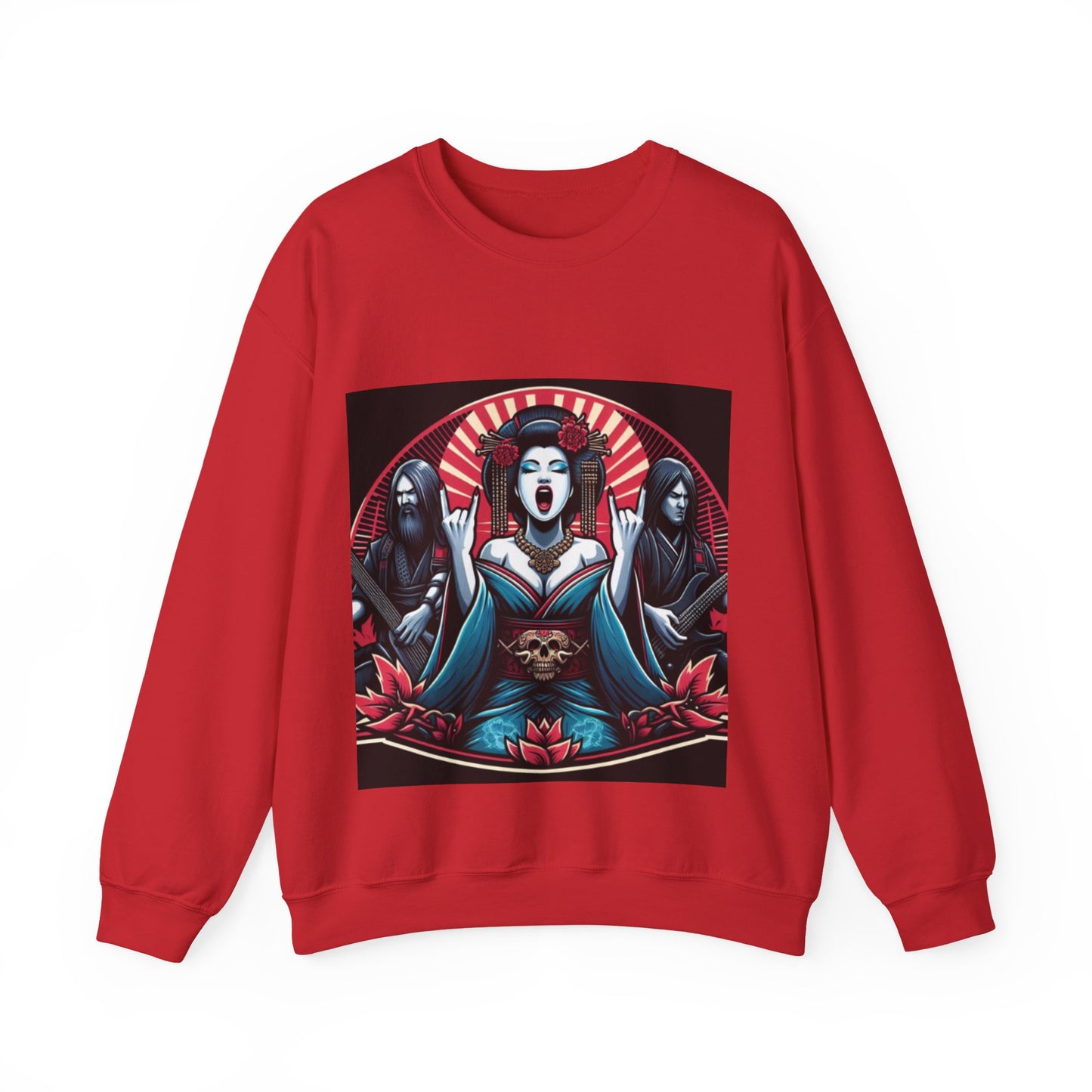 Red gothic sweatshirt with a graphic design of a woman and two figures on a black background