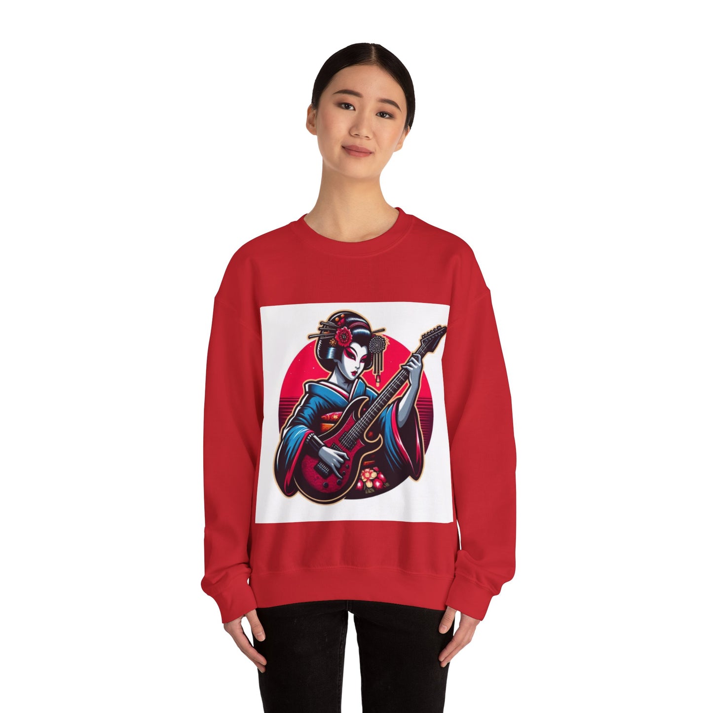 Geisha Guitarist Crewneck Sweatshirt - Cozy Unisex Pullover, Music Lover Gift, Japan Inspired Fashion, Streetwear, Unique Gift Idea