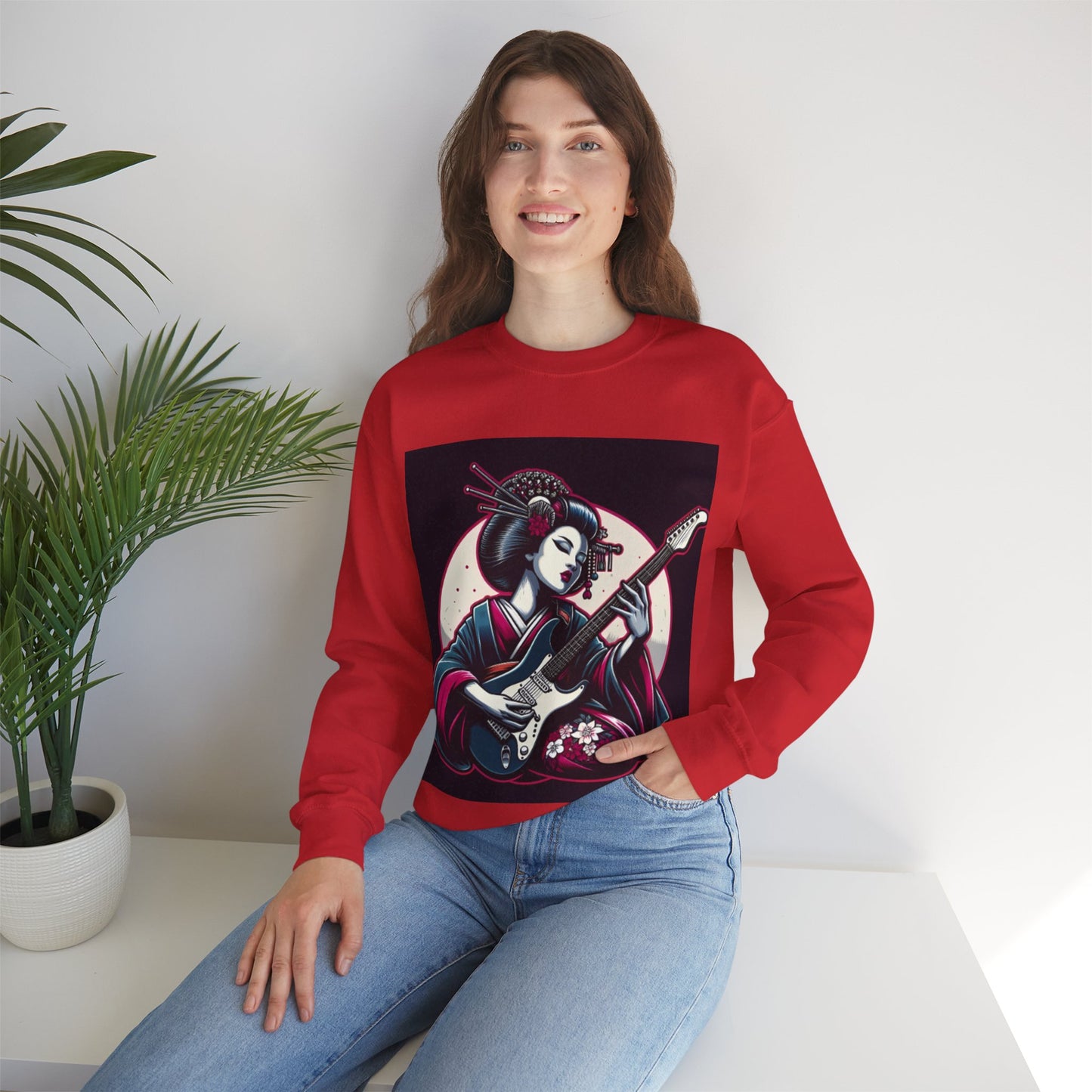 Geisha Guitar Sweatshirt, Unisex Crewneck, Cozy Gift, Music Lover Apparel, Japanese Art, Pop Culture Clothing