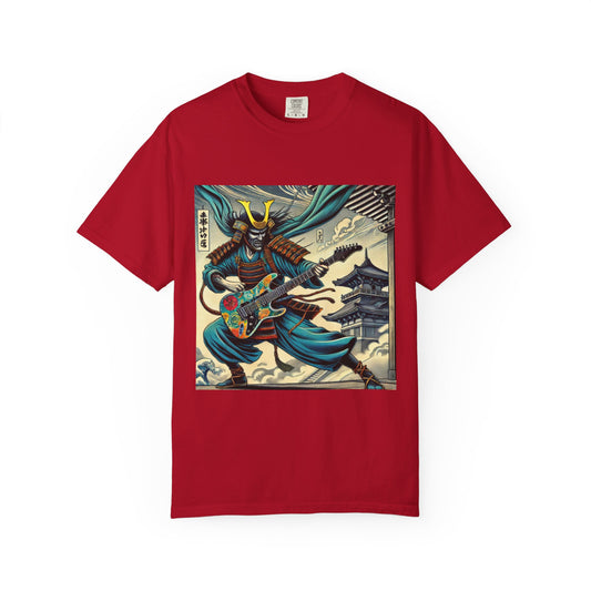 Red Fashionable t-shirt with a graphic of a samurai playing guitar on a background