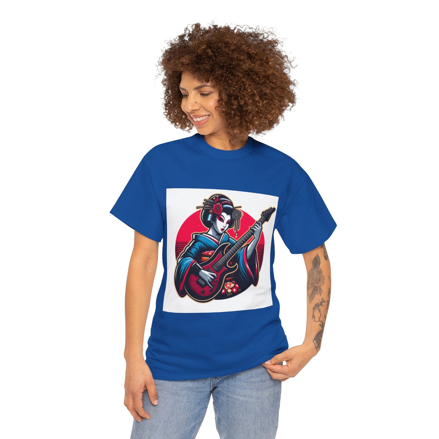 Japanese Geisha Guitarist Unisex Heavy Cotton Tee, Music Lover Gift, Rock T-Shirt, Anime Style Apparel, Casual Streetwear, Graphic Tee