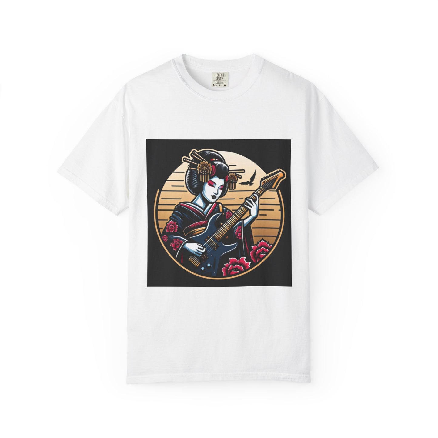 Fashionable White t-shirt with a graphic of a geisha playing a guitar on a black background