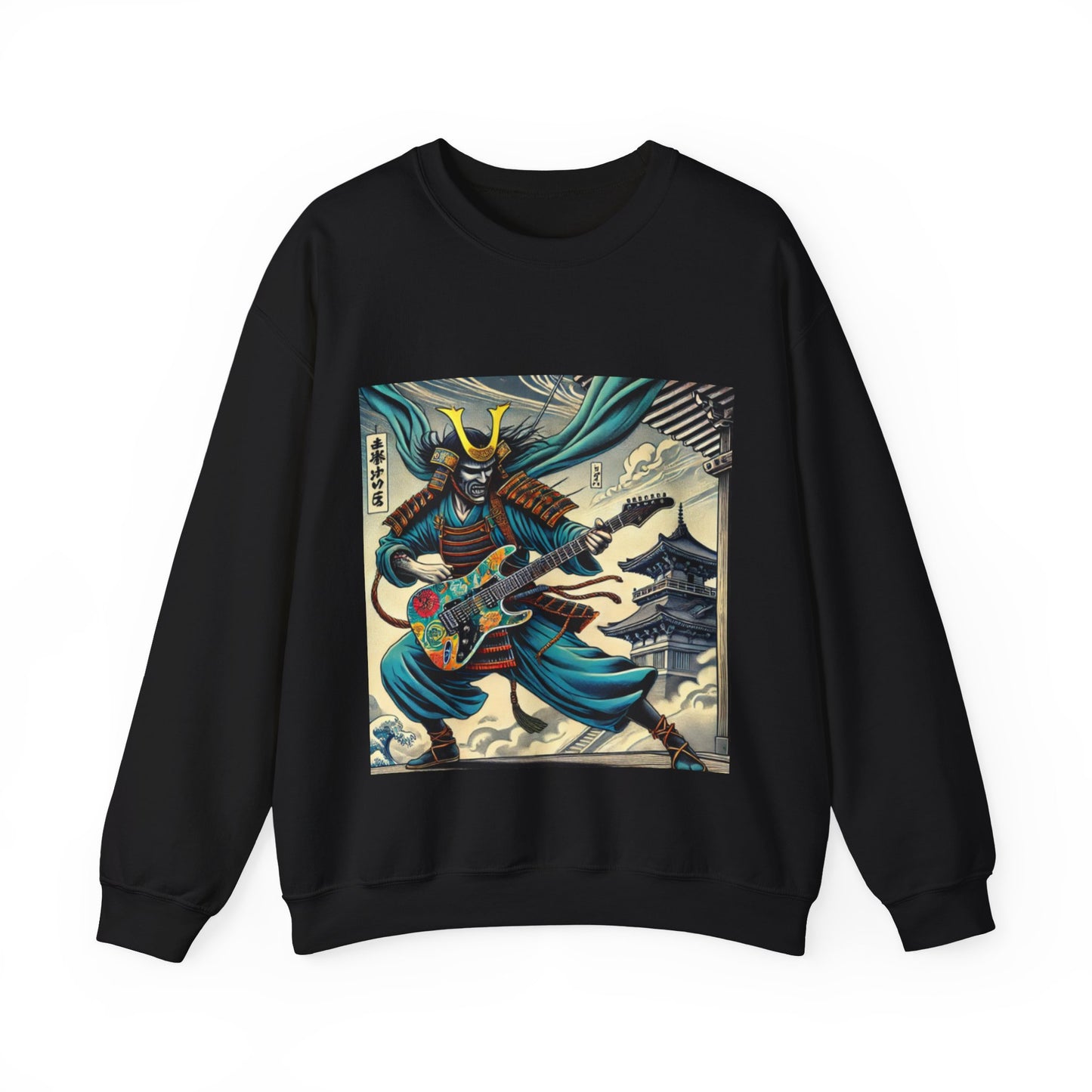 Black Samurai sweatshirt with a colorful graphic of a samurai playing guitar on a white background