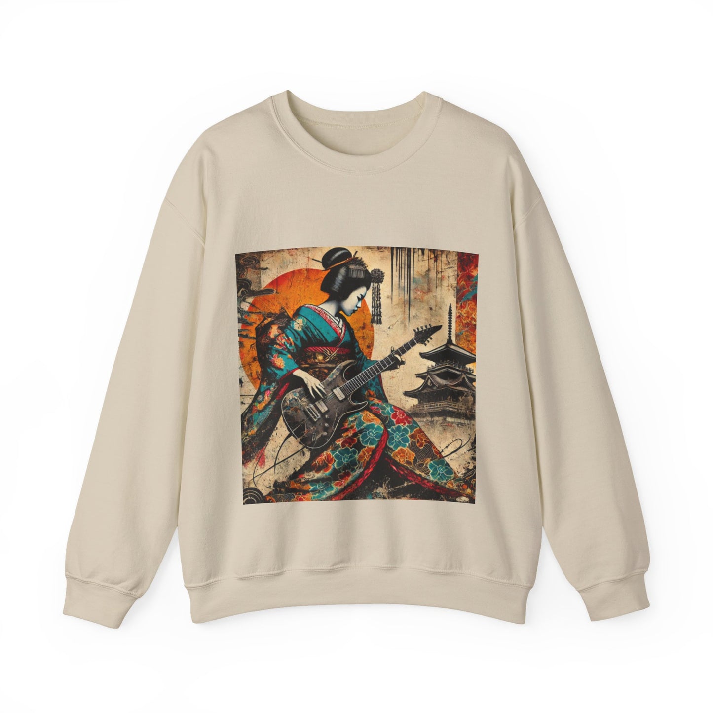 Beige Samurai sweatshirt with a graphic of a woman playing guitar on a white background