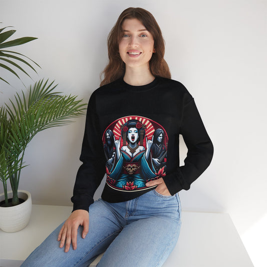 Woman wearing a black gothic sweatshirt with a graphic design sitting on a white surface with a plant in the background.