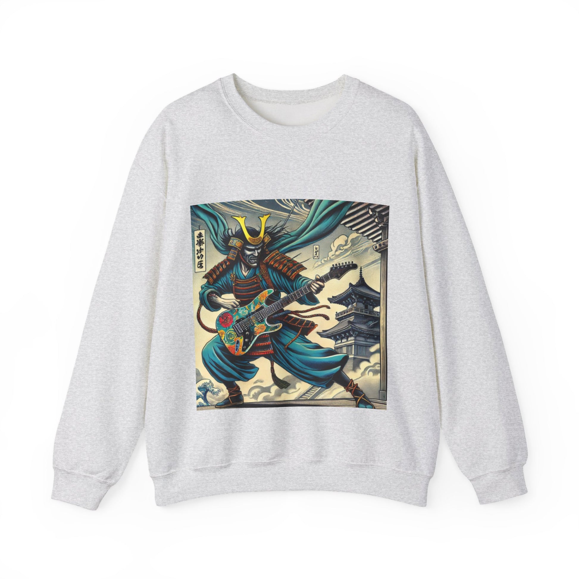 Gray Samurai sweatshirt with a colorful graphic of a Samurai playing guitar on a white background