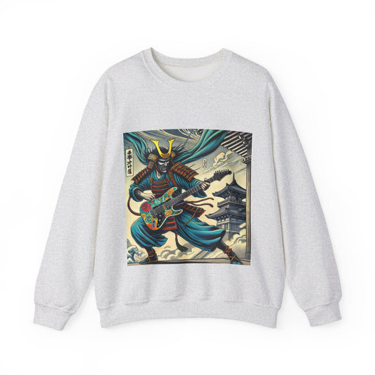 Gray Samurai sweatshirt with a colorful graphic of a Samurai playing guitar on a white background