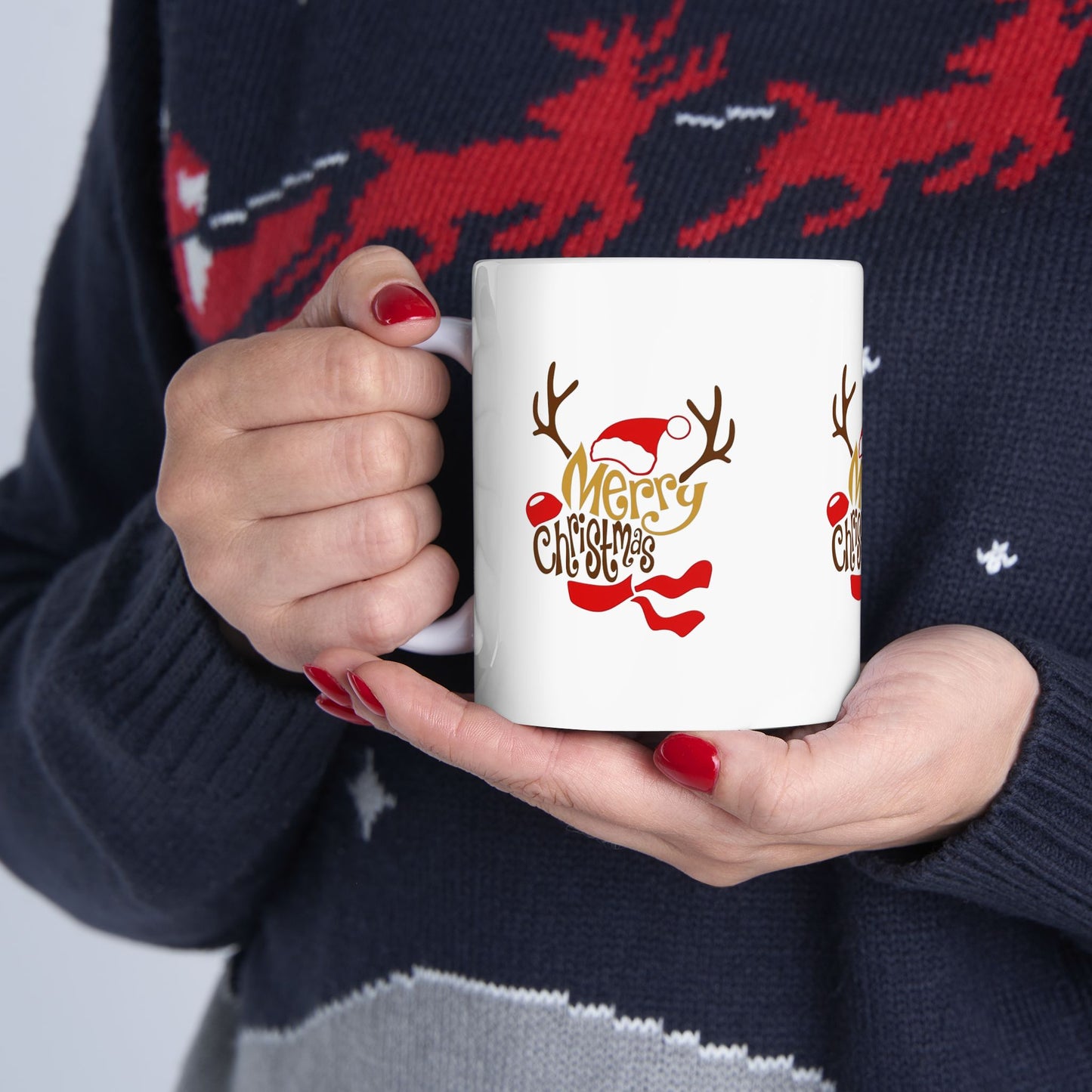 Merry Christmas Reindeer Ceramic Mug — Festive Holiday Coffee Cup (11oz, 15oz)