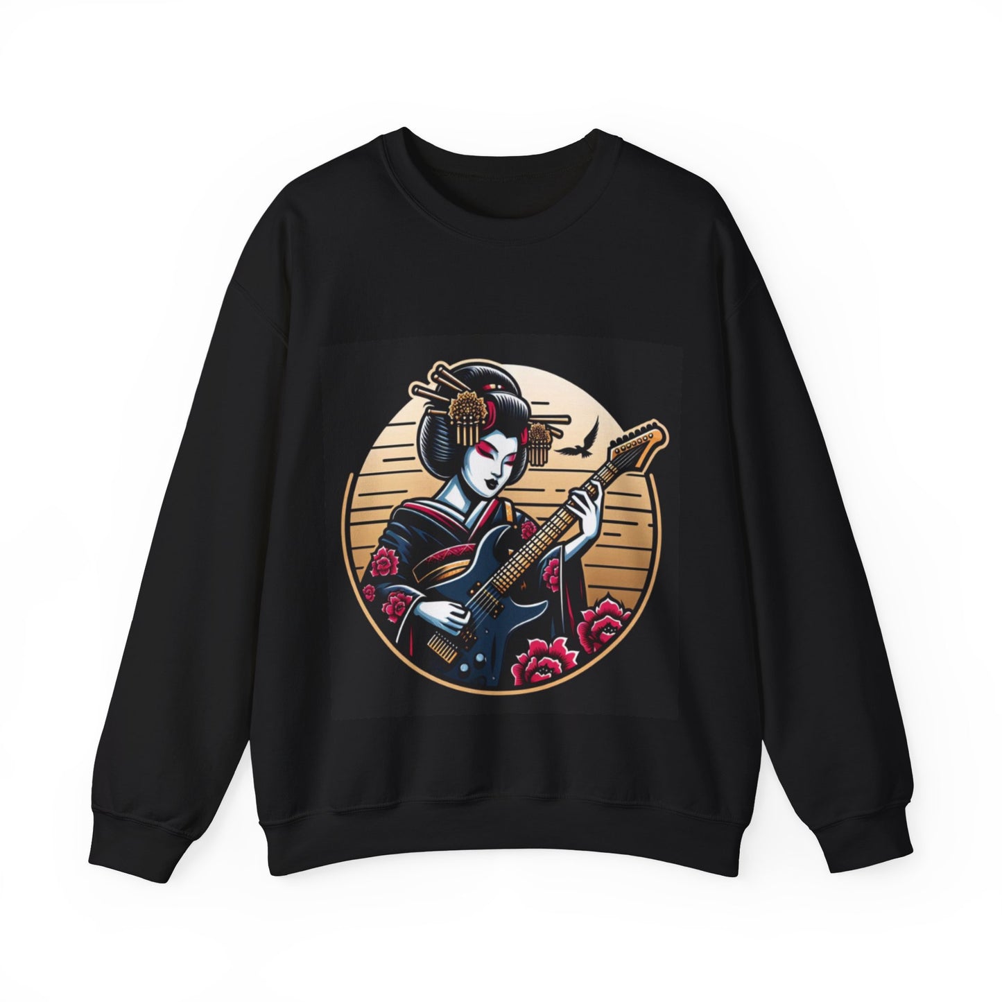 Black Samurai sweatshirt with a graphic of a geisha playing a guitar on a white background