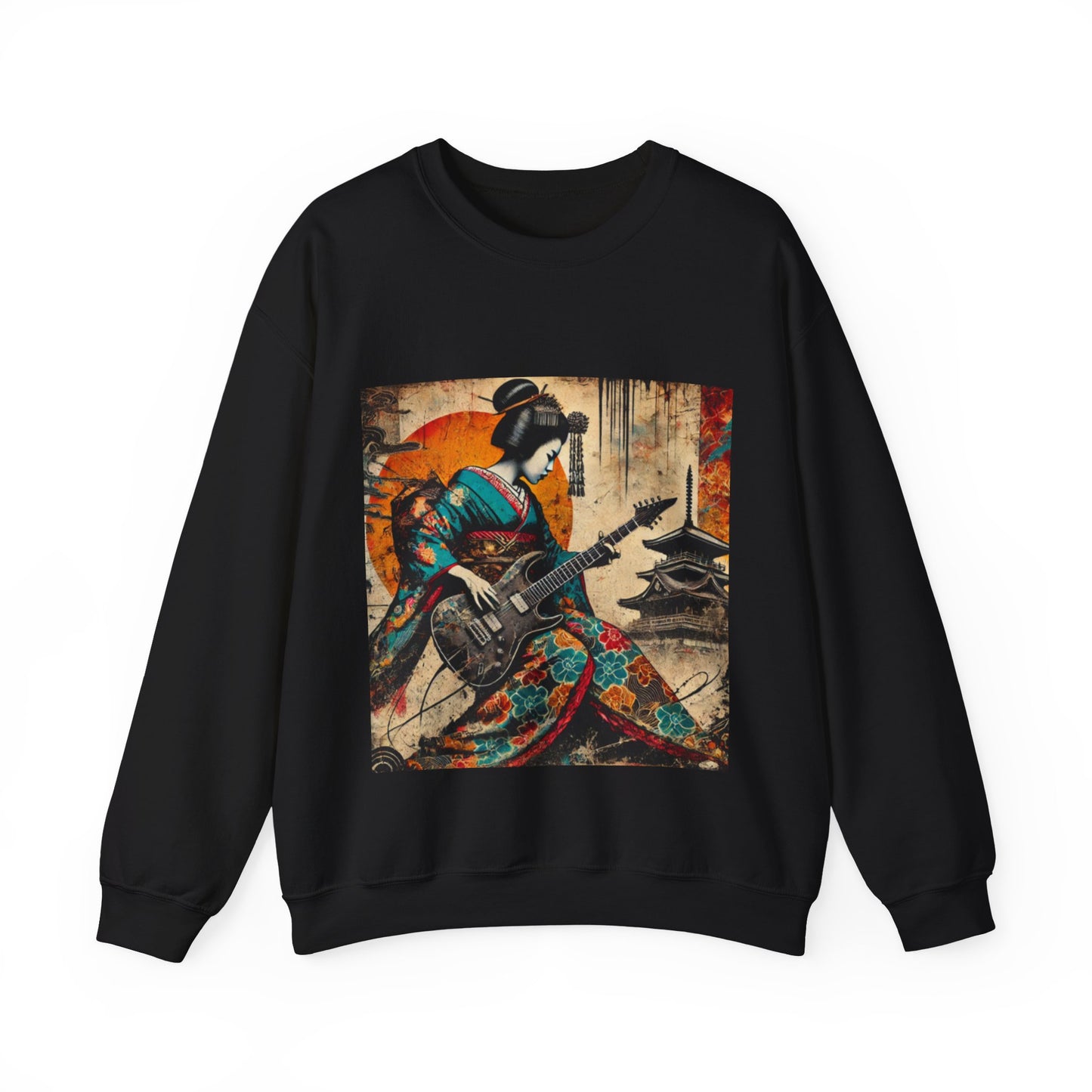 Black Samurai sweatshirt with a colorful graphic of a geisha playing guitar on a white background