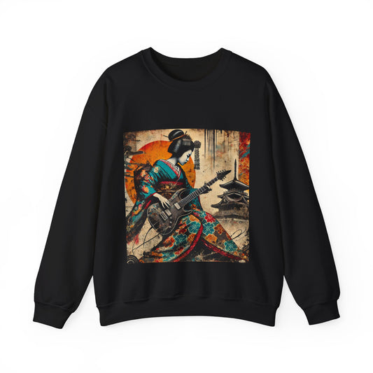 Black Samurai sweatshirt with a colorful graphic of a geisha playing guitar on a white background
