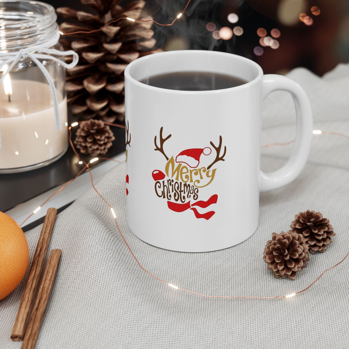 Merry Christmas Reindeer Ceramic Mug — Festive Holiday Coffee Cup (11oz, 15oz)