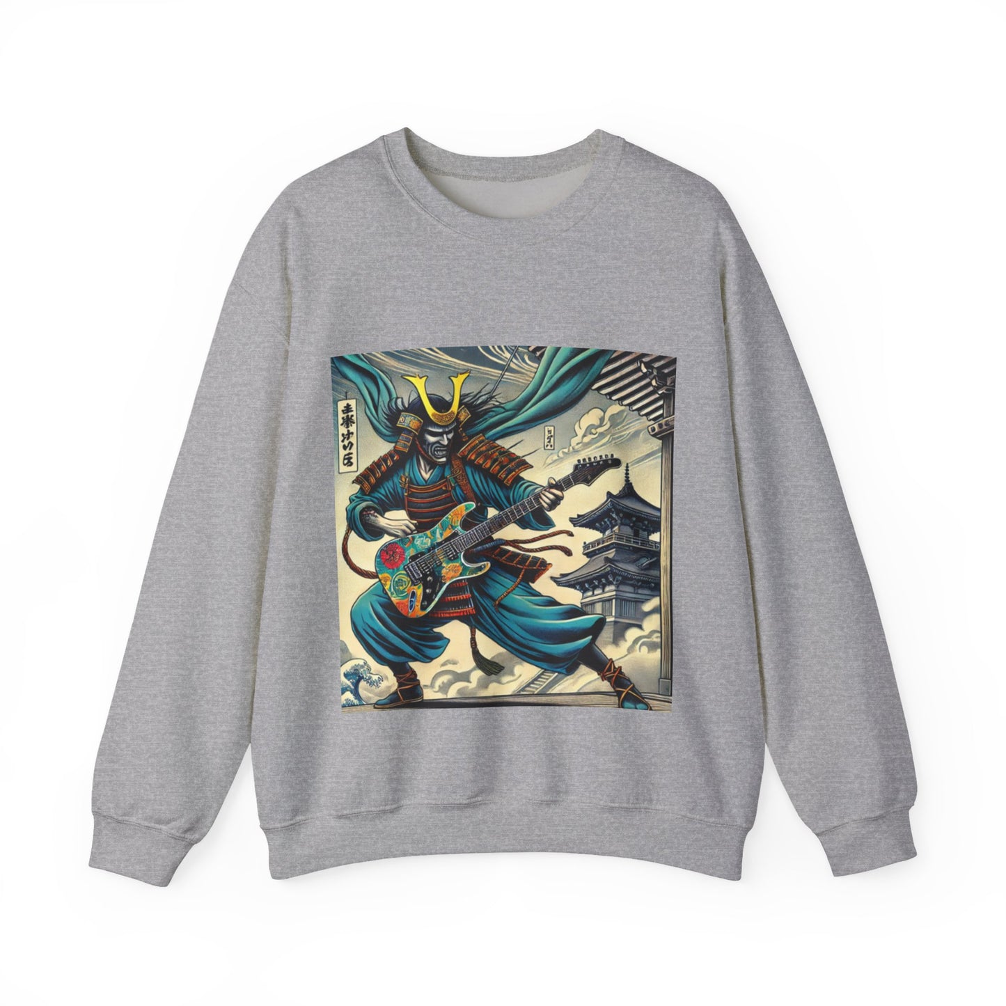 Gray Samurai sweatshirt with a colorful graphic of a samurai playing guitar on a white background