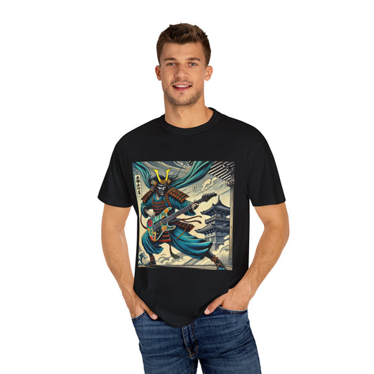 Man wearing a black t-shirt with a graphic design of a samurai playing guitar on a background