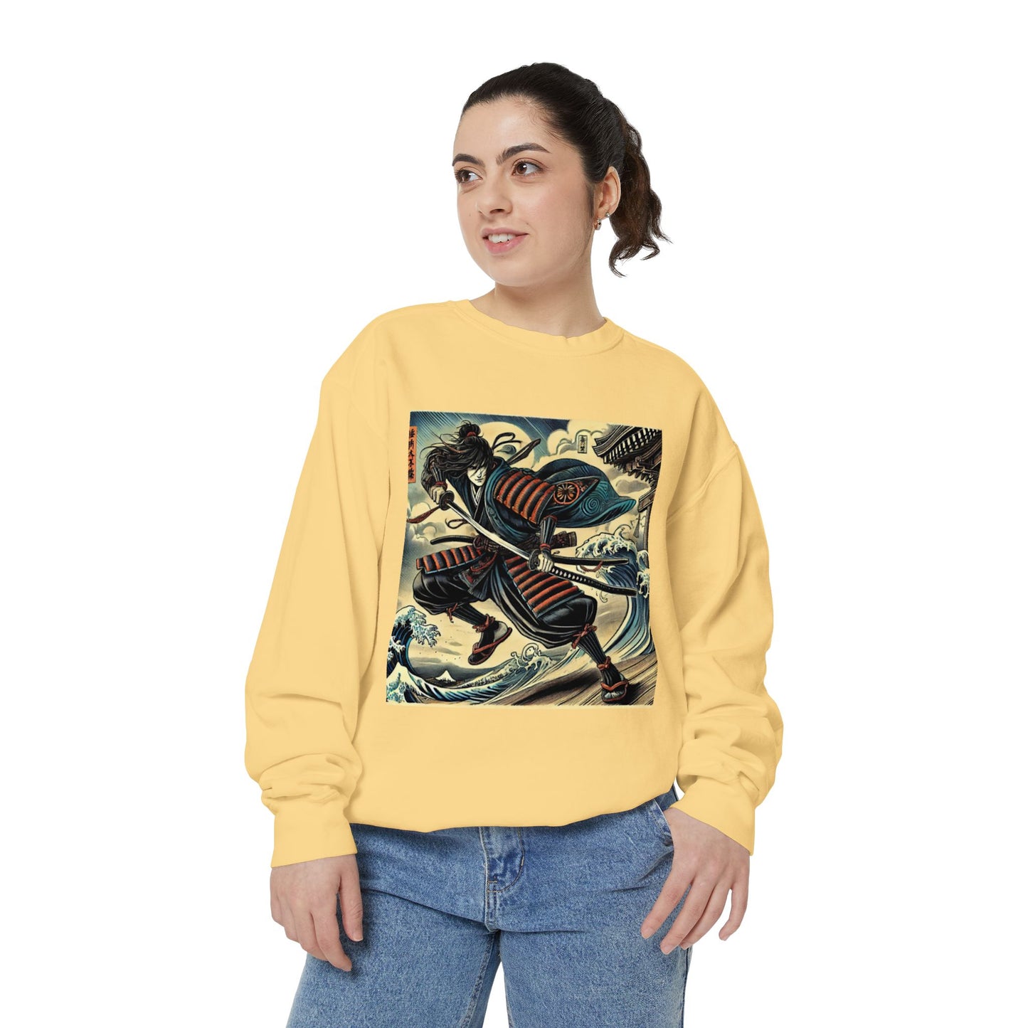 Person wearing a yellow sweatshirt with a samurai playing guitar on the background