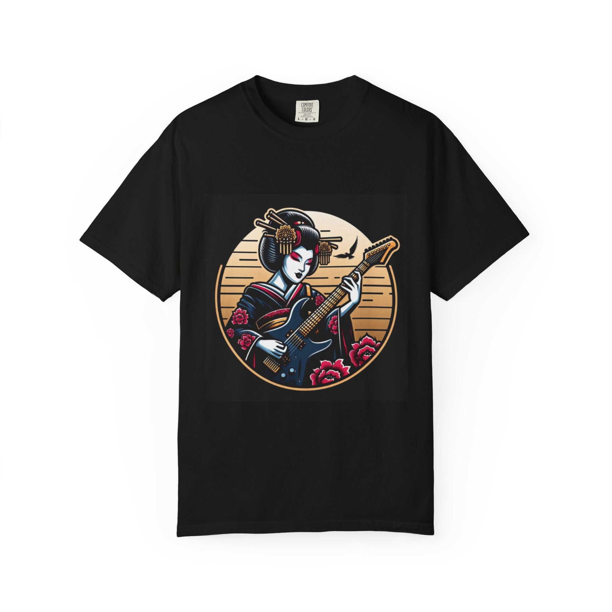 Black Fashionable T-shirt with a graphic of a geisha playing a guitar on a black background
