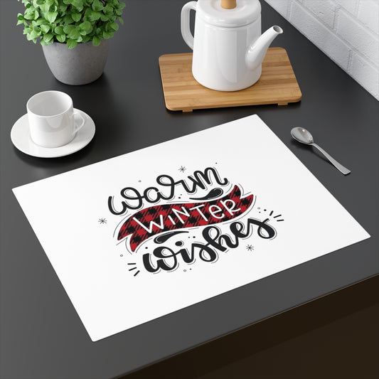 Warm Winter Wishes Placemat — Holiday Buffalo Plaid Table Decor